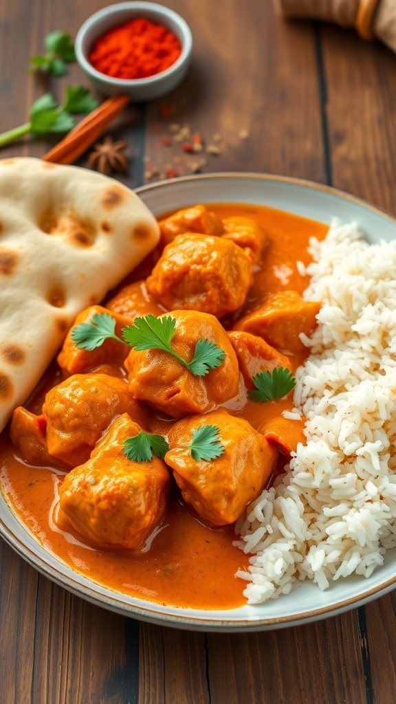 A plate of butter chicken with naan and rice, garnished with cilantro on a wooden table.